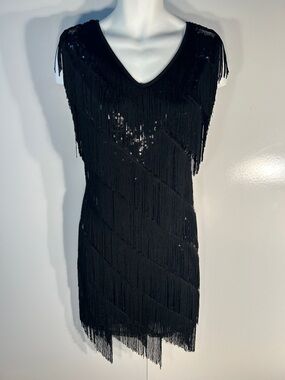 Pretty Guide NWT SZ L Black Fringe Sequin Dress Cocktail 20s Black Tie Sexy